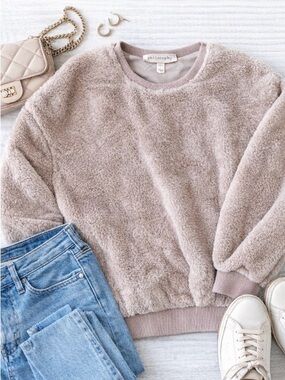 Philosophy Faux Fur Pullover Sweatshirt Beige Plush Cozy Crewneck Size L